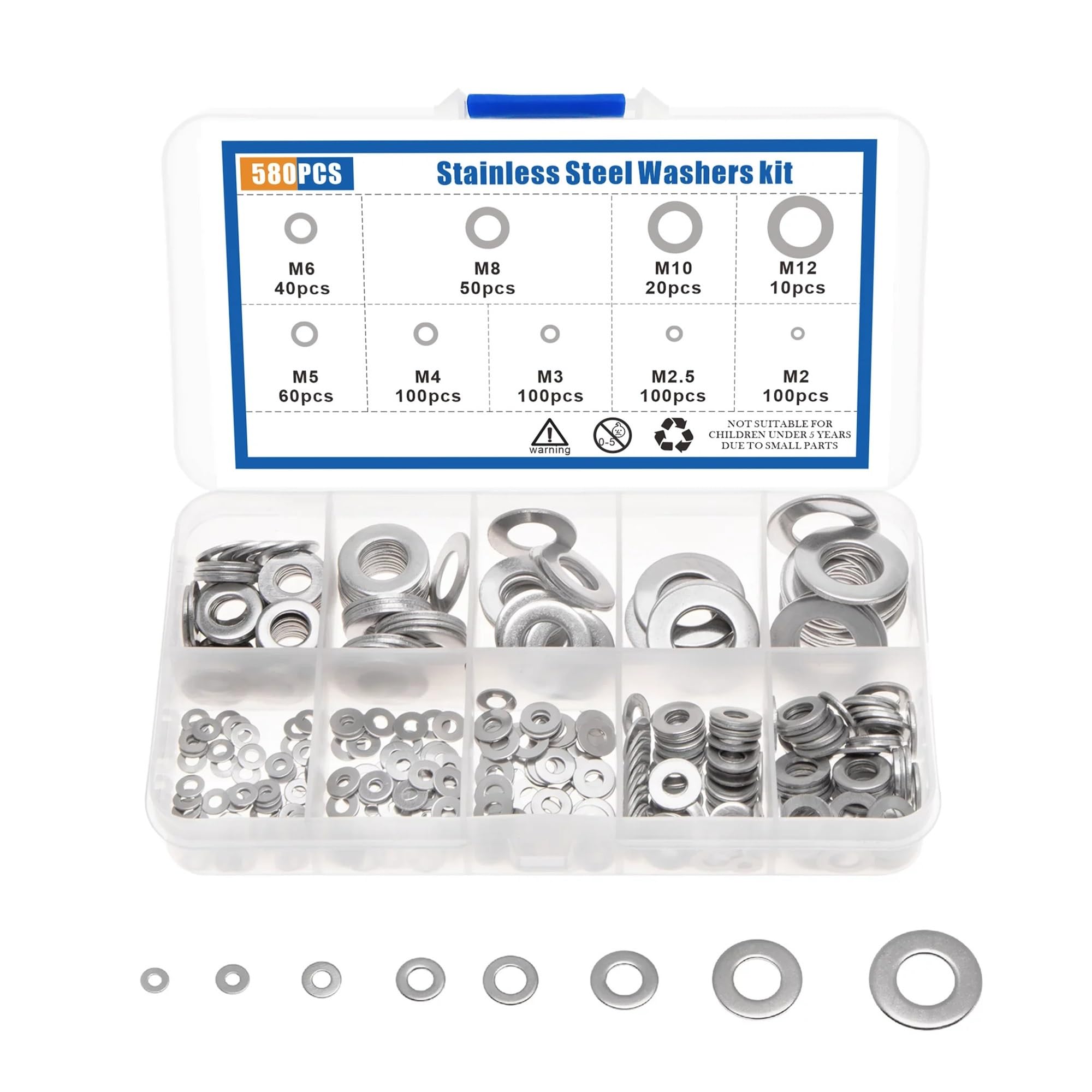 360/580 Uds 304 arandela plana de acero inoxidable junta Oring juego anillos surtido Kit for tapones sumidero para Tornillos(580PCS)