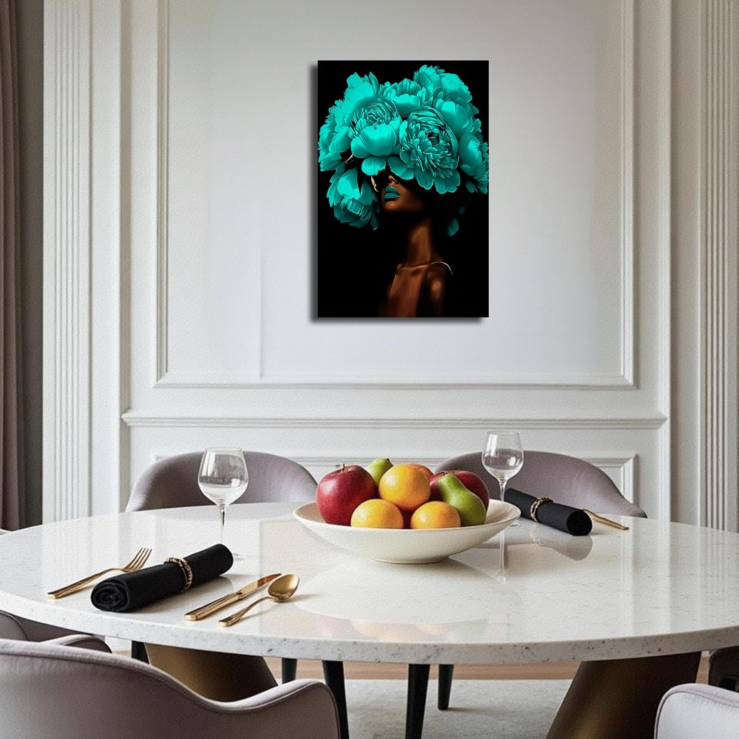 YMXDYMJSW African American Women Wall Art Black Women with Flower Head Pictures Abstract Black Girl Portrait Canvas Prints for Bedroom Decor Frame (Teal,18L x 12W)
