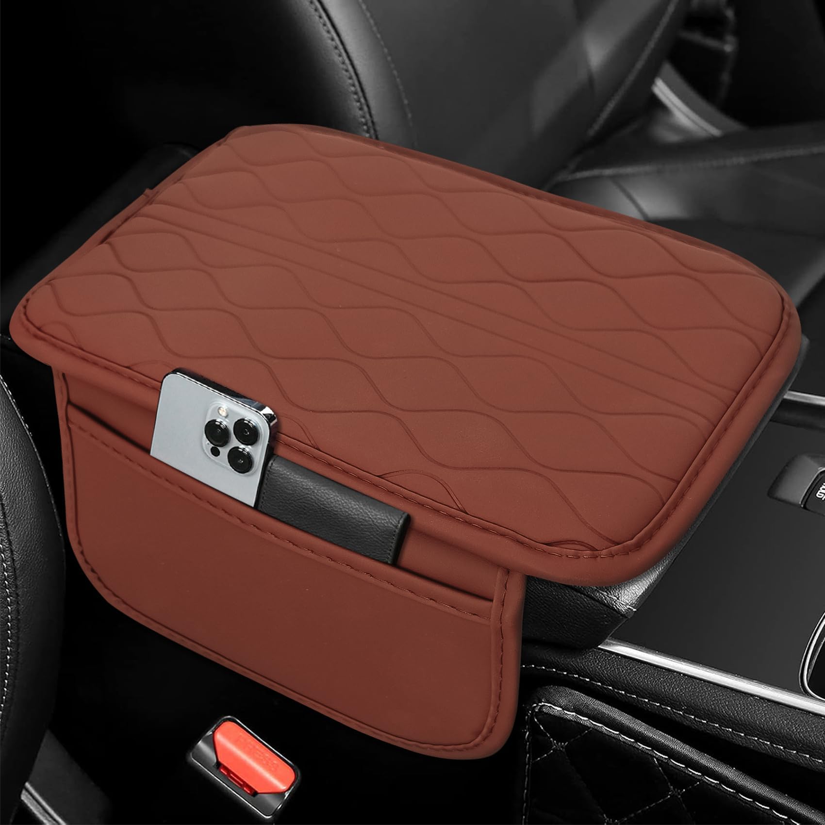 Car Center Console Cover, Arm Rest Cover for Car, Leather Armrest Seat Box Protector Pad with 2 Storage Bags, Universal Vehicle Interior Handrail Protection Fit for SUV, Sedan, Truck (Brown)