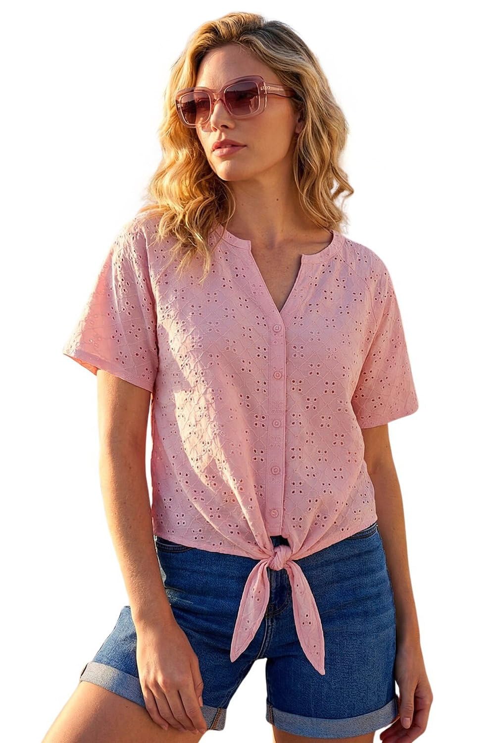 Roman Women Broderie Anglaise Tie Front Top Ladies Floral Crochet Embroidered Blouse Smart Casual Button Down Summer T-Shirt Tee Spring Cruise Beach Holiday Party - Pink - Size 18