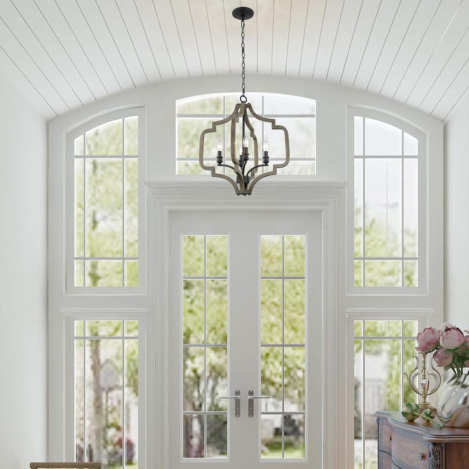 Kira Home Atwood 23" 4-Light Farmhouse Pendant Light Chandelier, Open Design, Gray Oak Wood Finish + Sandblasted Black Finish