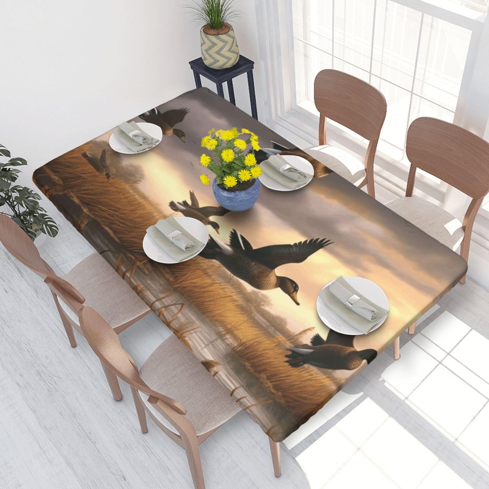 DCARSETCV Hunting Flying Wild Ducks Printed 4FT Waterproof Tablecloth with Elastic Edged Protect & Decor Your Table, Oil-proof Washable Table Cloth Cover for Dinner Picnic Party
