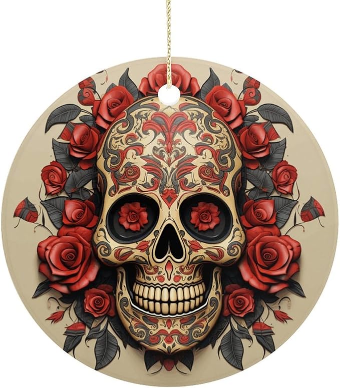 Personalized Christmas Ornaments 2025 3 Inch Ceramic Ornament with Gold Hanging String Double-Sided Red Rose Sugar Skull Xmas Tree Decoration & Keepsake Gift for Party Holiday Present Exchange