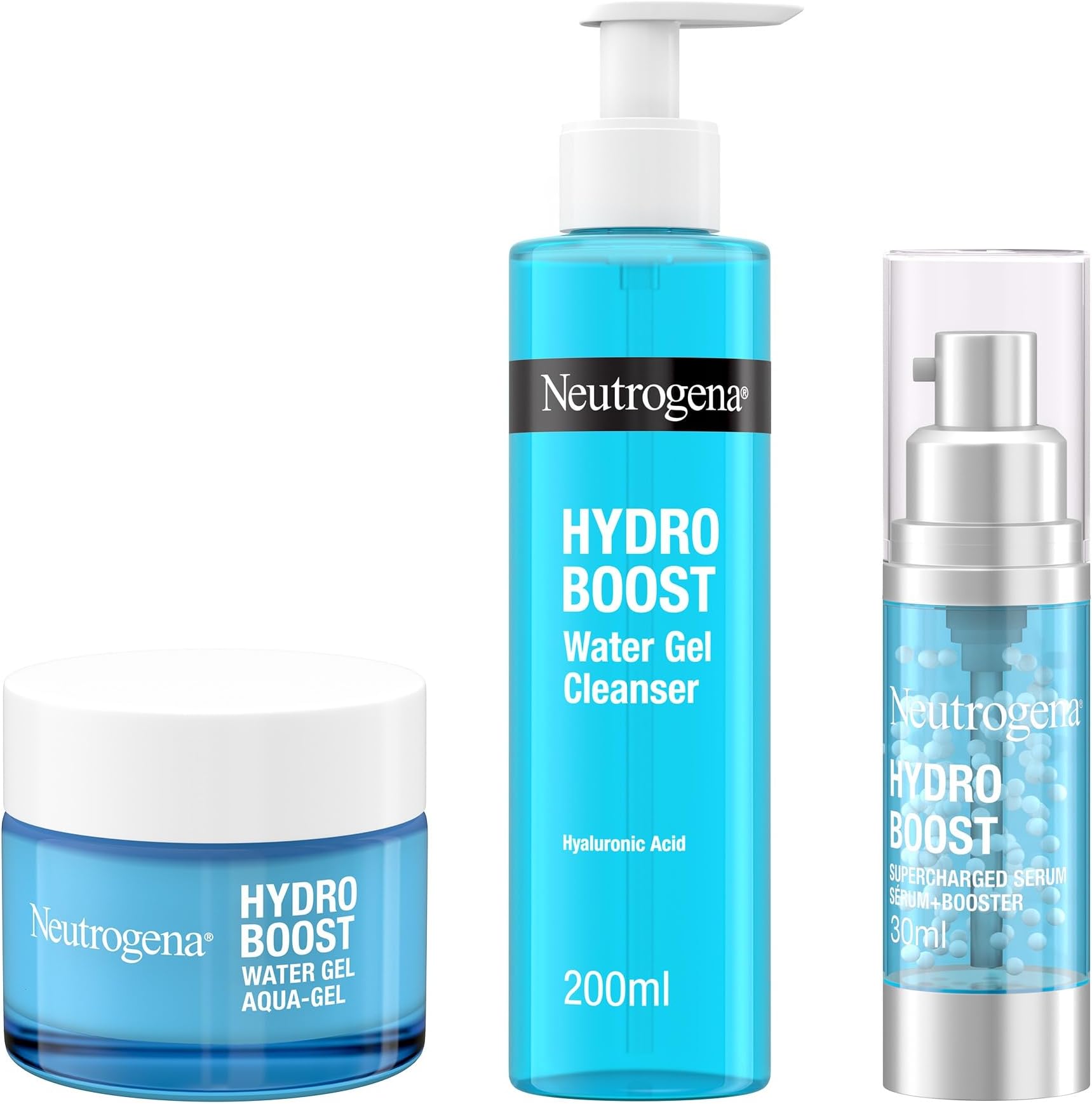 Neutrogena Hydro Boost Series, 3-Step Facial Regime, Hydration Starter Set And Skin Care Kit (Cleanser + Moisturiser + Booster), Saving Bundle