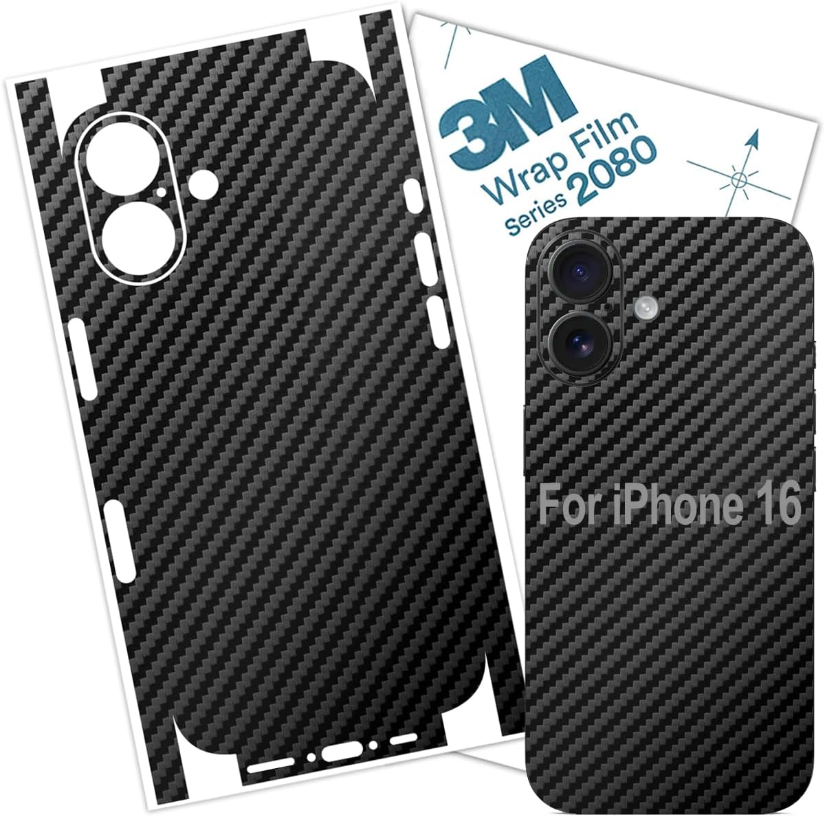 Compatible with iPhone 16 Skin Wrap 3M Film Protective for Sides and Back (Carbon Fiber)