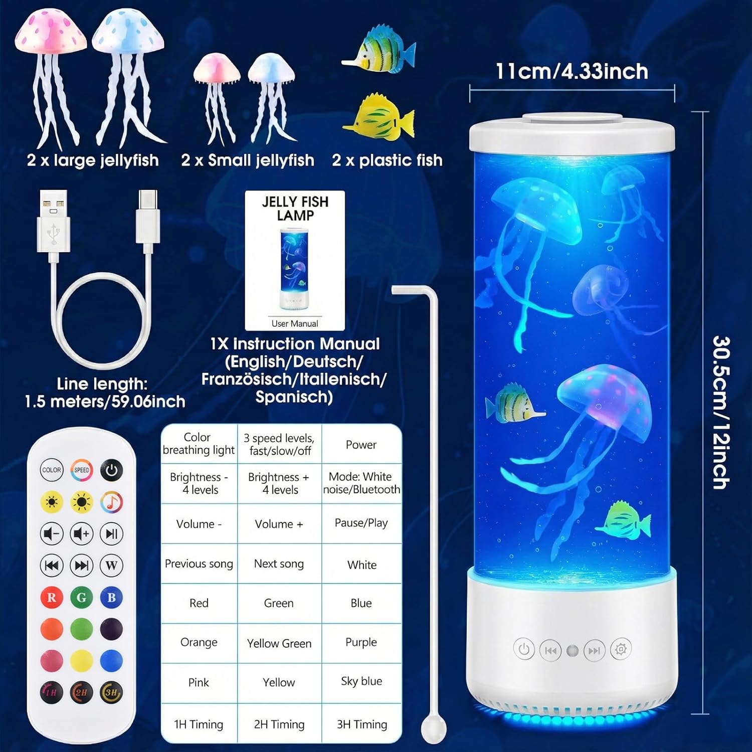 Jellyfish Lamp with Bluetooth Speaker,12 White Noise Changing Night Light,Sensory Aquarium LED Table Lamp for Autistic ADHD, Alleviating Stress and Anxiety in Children Kids Adults,Home Office Decor