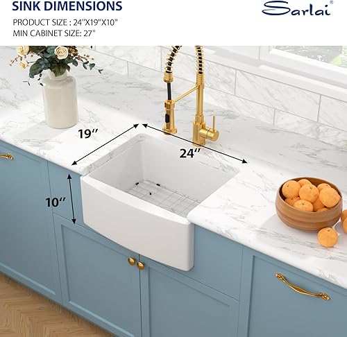 Miniatura 2 de Sarlai - Fregadero de granja blanco de 24 pulgadas, fregadero pequeño de granja de 24 pulgadas, delantal blanco frontal de arcilla refractaria de