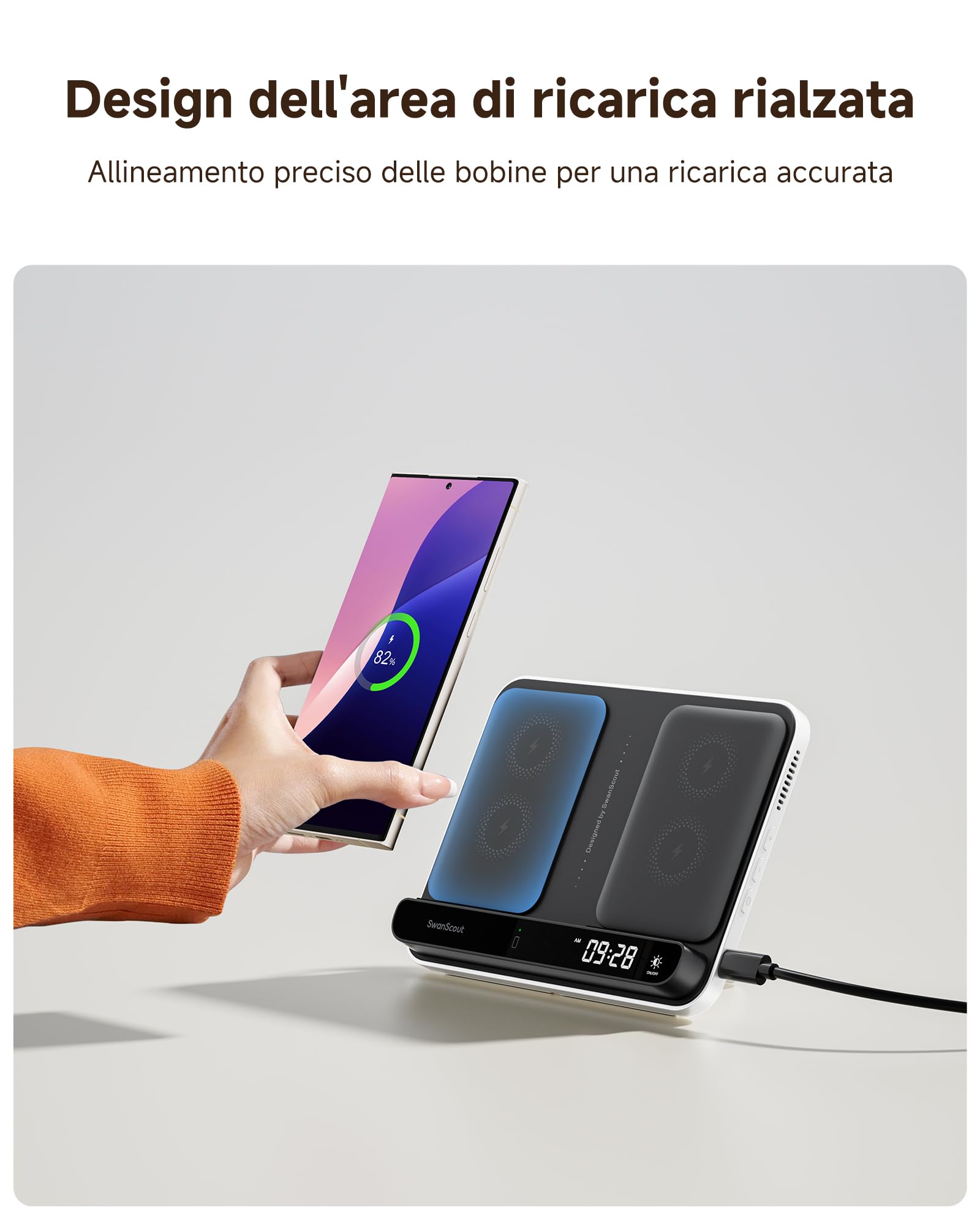 SwanScout Caricatore Wireless per Samsung Galaxy S25 Ultra/S25/Z Flip 7/Z Fold 6, Doppia Stazione di Ricarica per iPhone 17/16/15 Series, Caricatore per Galaxy Watch 8/8 Classic/Ultra, SwanScout 710S