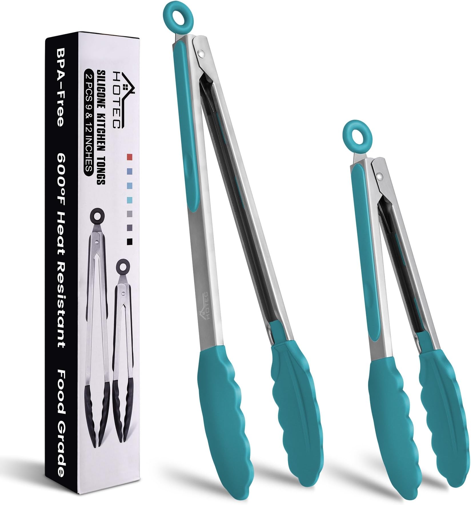 Premium Stainless Steel Locking Kitchen Tongs with Silicon Tips, Set of 2 - 9" and 12", Turquoise