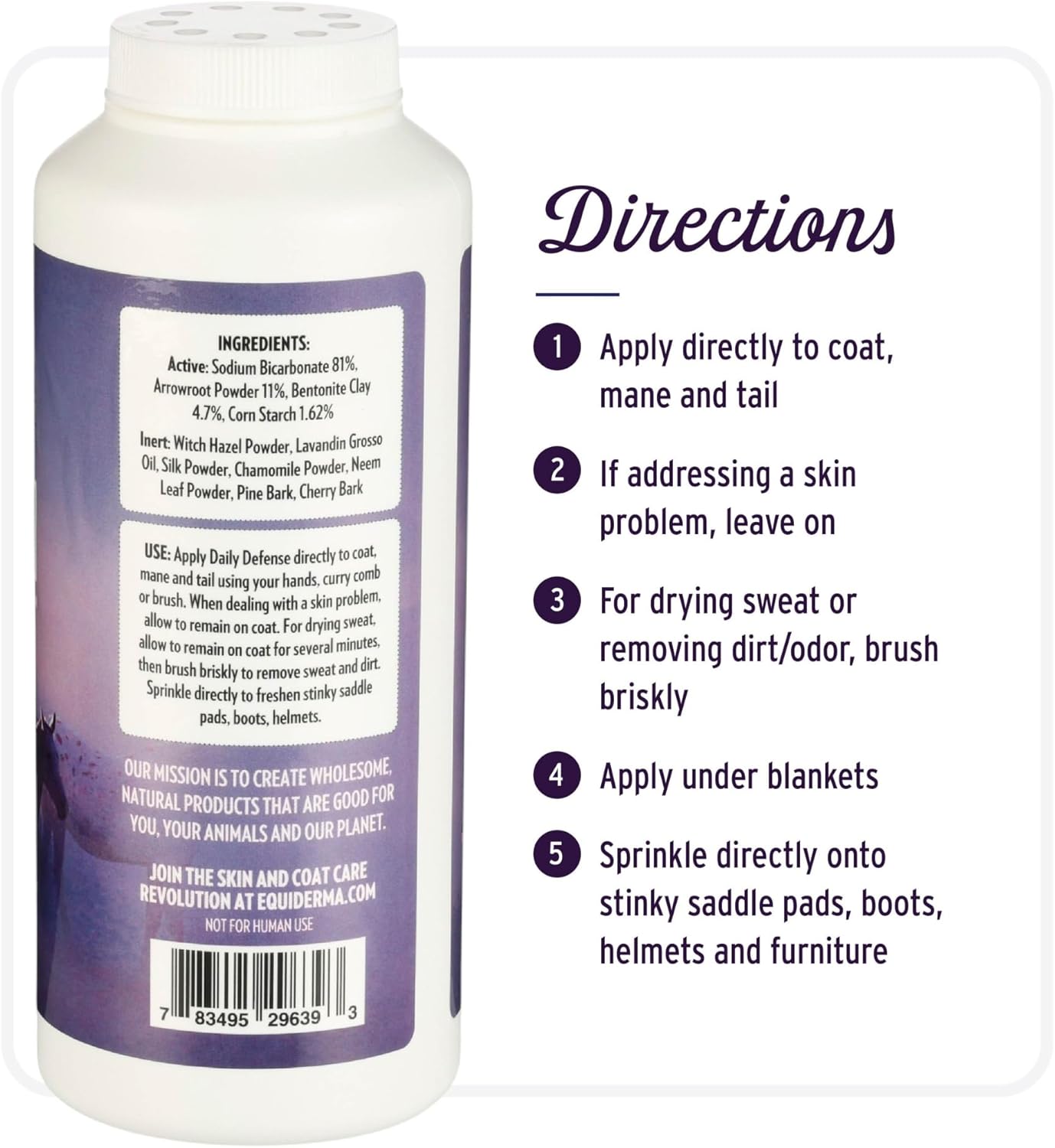 Equiderma Daily Defense Herbal Dry Shampoo Powder for Horses & Riders - 16oz – Natural Skin-Soothing Blend with Silk Proteins, Lavender, Chamomile & More