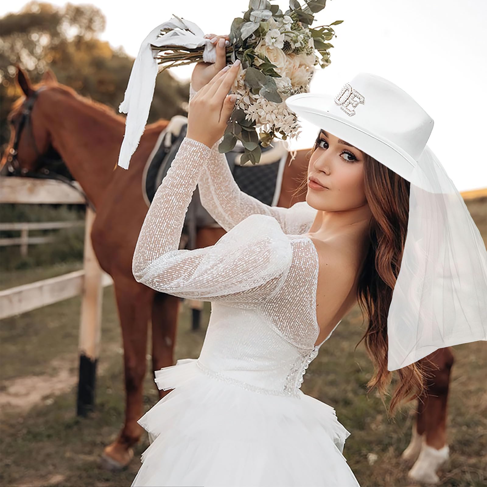 Cappello da cowboy da sposa, velo bianco con paillettes di strass, per matrimonio, addio al nubilato, addio al nubilato, decorazione per feste, feste occidentali, accessori per vestire,