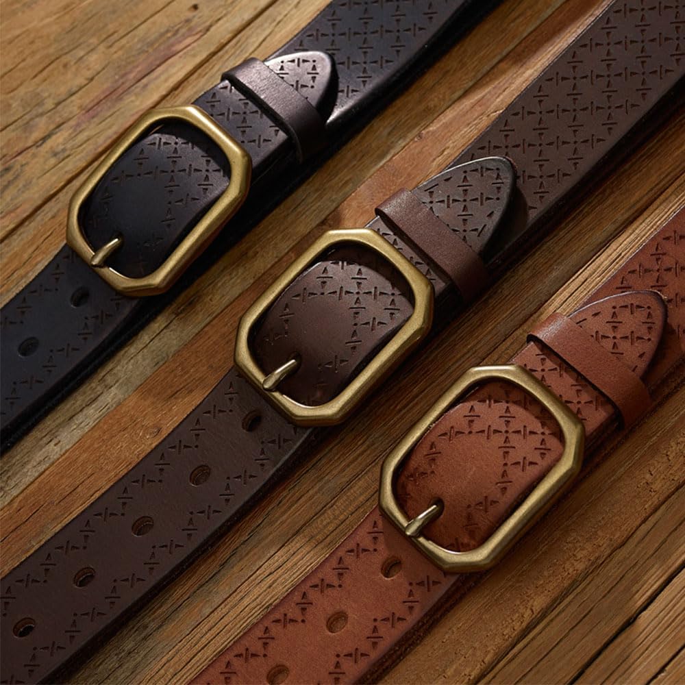 Western Belt for Men Cowgirl Belts Genuine Leather Belt with Copper Buckle Vintage Embossing Belt Suitable for Jeans