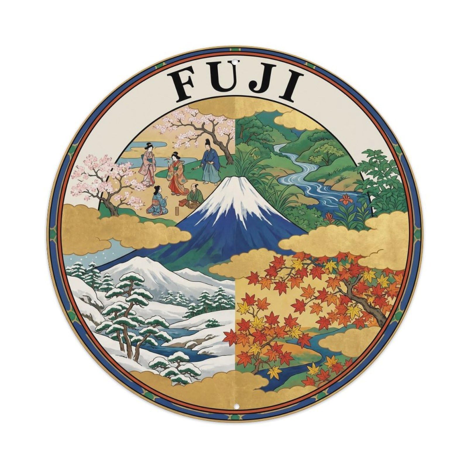 Olyhtr 8X8inch Classic Style Fuji Birds Eye Seasons Yamato Azurite Gold Japan Metal Tin Sign