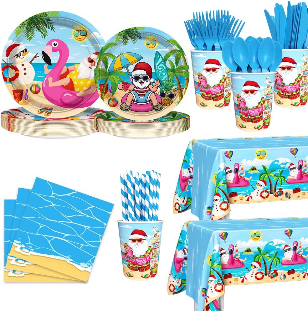 194pcs Summer Christmas Party Decorations for Summer Beach Hawaiian Santa Plates, Cup, Napkin, Tablecloth, Tableware, Christmas July Party Supplies Plates Serve 24 Guests