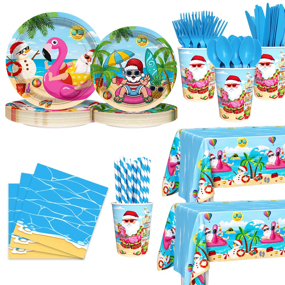 AIBIIN 194pcs Summer Christmas Party Decorations for Summer Beach Hawaiian Santa Plates, Cup, Napkin, Tablecloth, Tableware, Christmas July Party