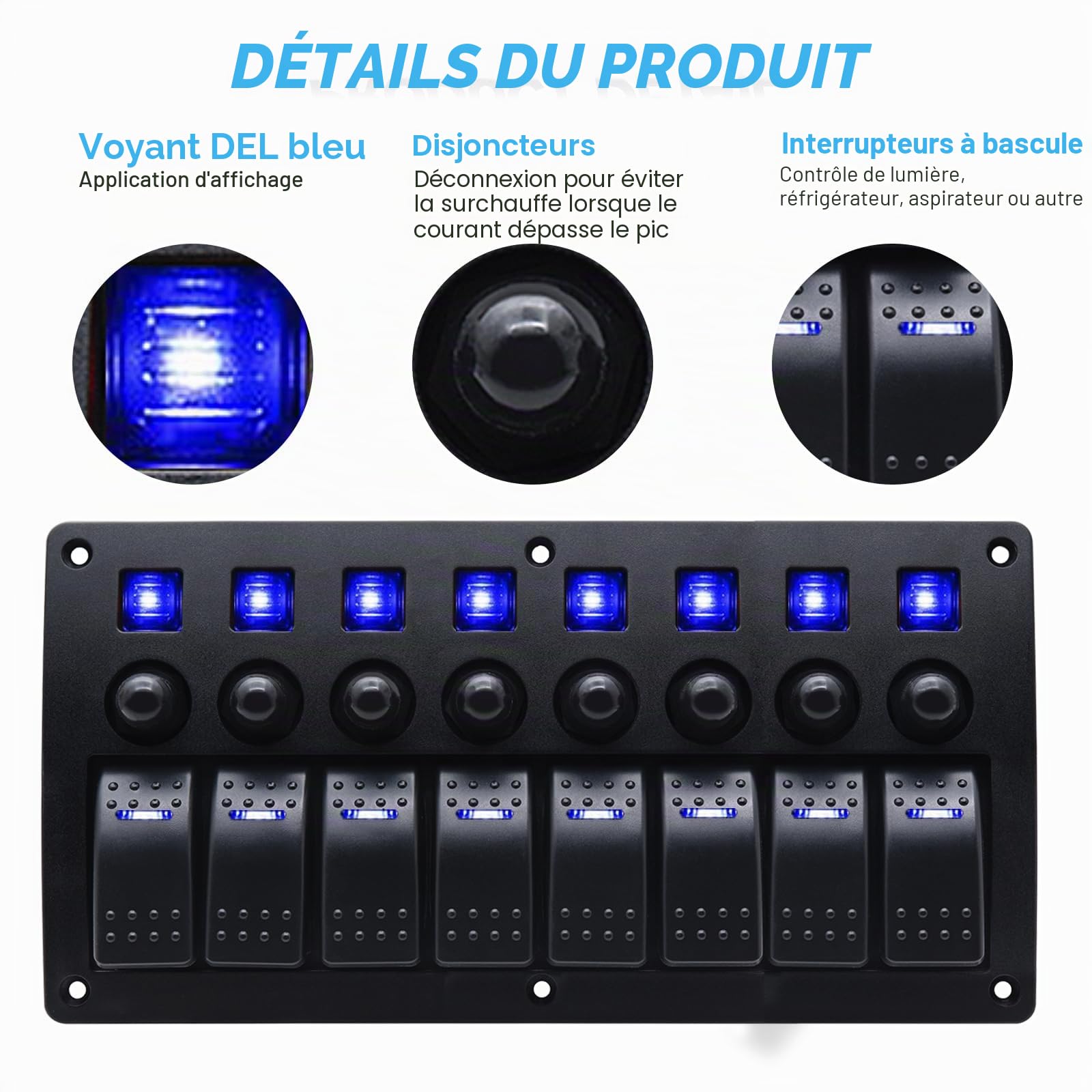 Geloo Panneau de Commutation 8 Gang, Étanche 12V/24V à Bascule Interrupteur avec Protection contre les Surcharges pour Voiture Bateau Camion et Autres Véhicules
