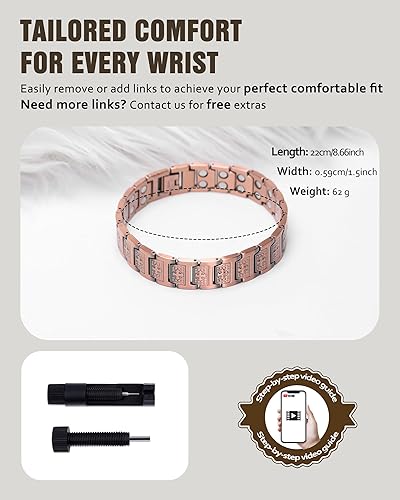 Miniatura 6 de Jecanori Pulsera de cobre puro para hombre, pulseras magnéticas de cruz para hombres con 3500 imanes de Gauss, pulsera de cobre puro para hombre