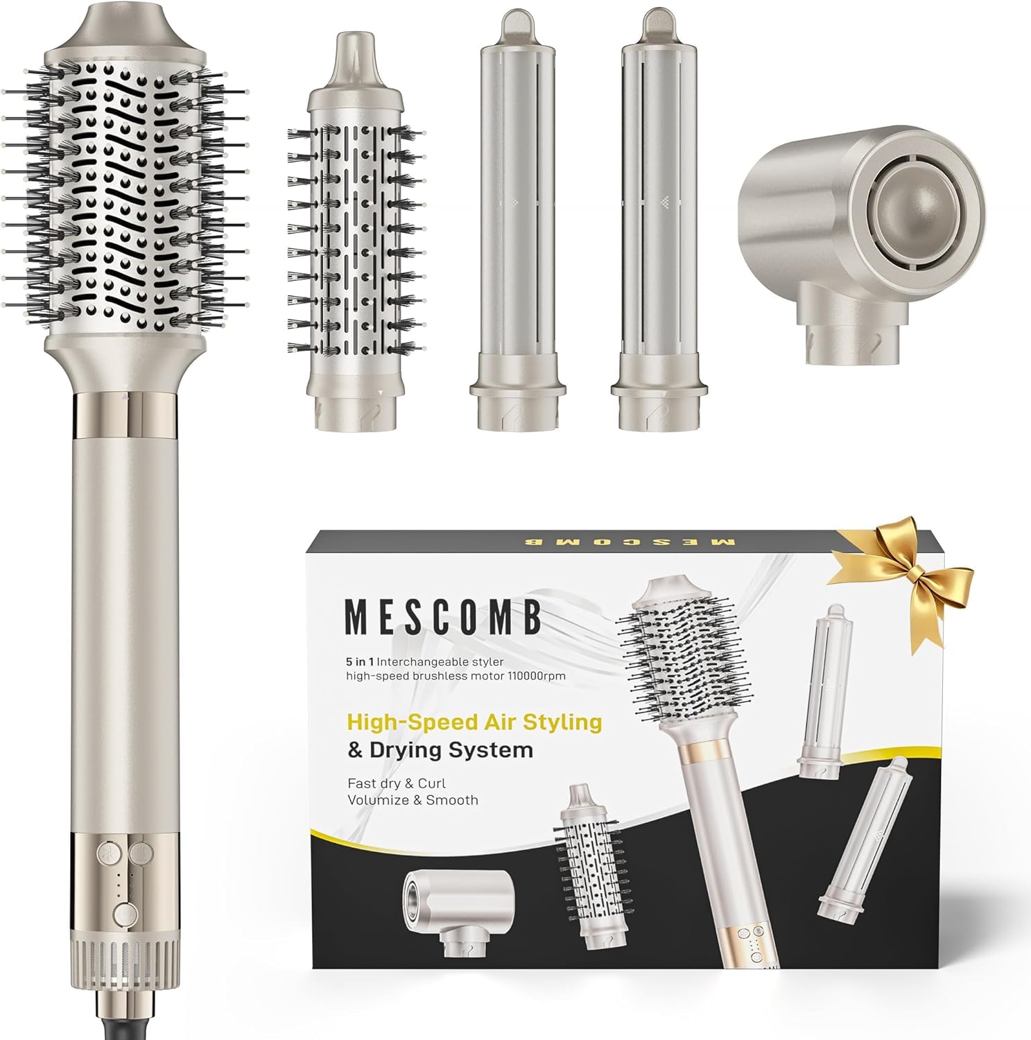 MESCOMB 5 IN 1 Hot Air Styler Hair Dryer Brush, 1500 Watts High Speed Hair Styler for Fast Drying, Volumizing, Curl, Wavy, Straighten, Negative Ionic Hot Air Brush Without Heat Damage