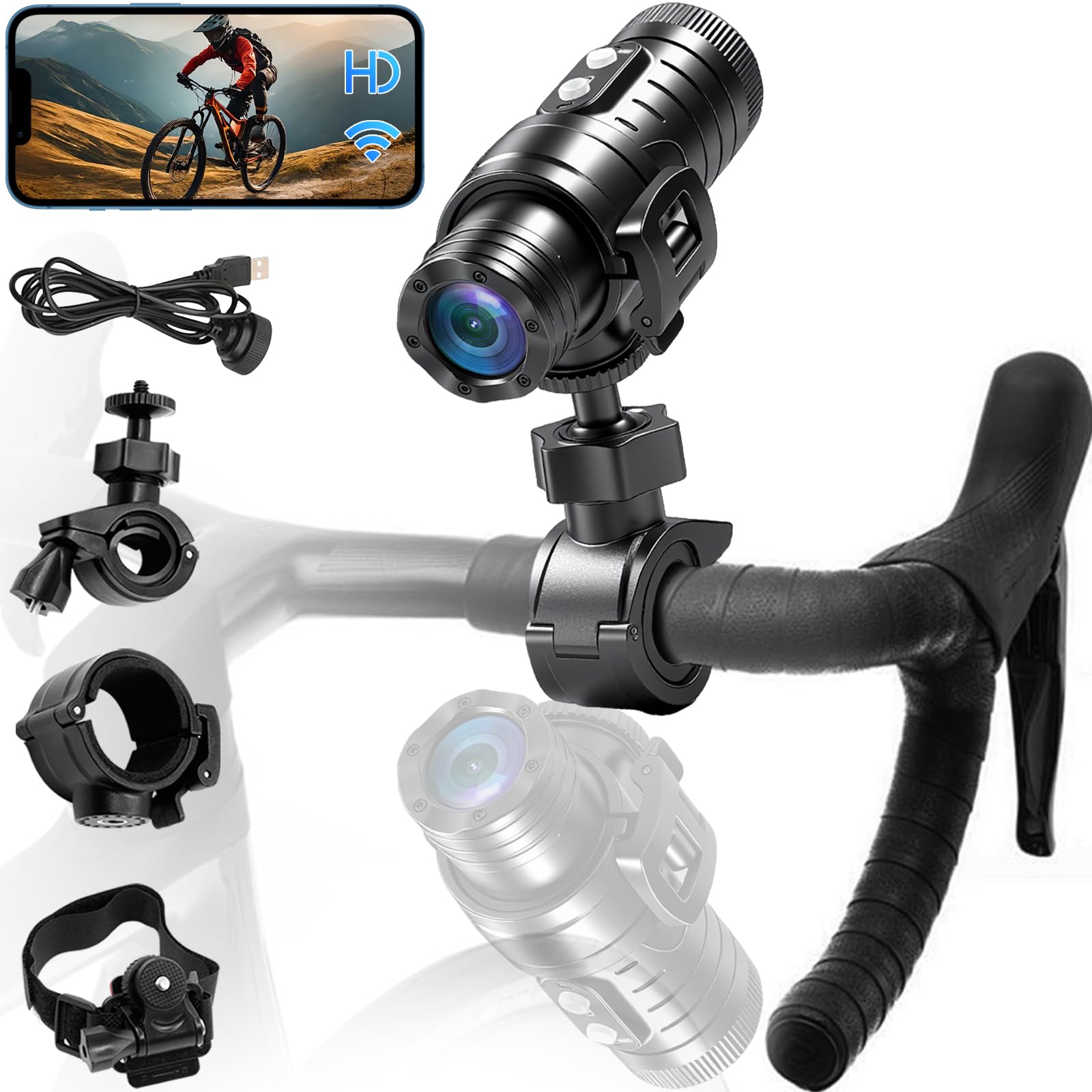 Action Cam Moto, WiFi Stabilizzazione Giroscopica Dash Cam Moto, 7 Ore di Registrazione 1080P HD e Grandangolo 120° Action Camera IP66 Impermeabile per Bici/Moto