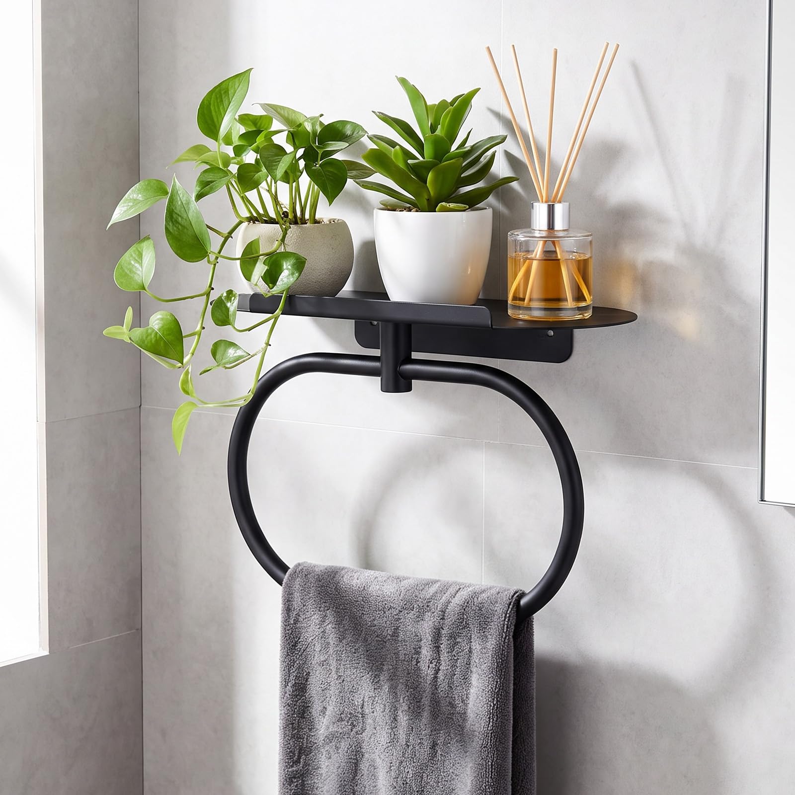 Towel Ring with Shelf, Stainless Steel Hand Towel Holder Bath Towel Rings, Self-Adhesive/Wall-Mounted Screw Drill Towel Hanger Rail with Storage Tray for Soap Phone Wall-Mounted for Bathroom Kitchen