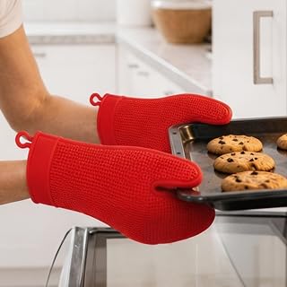 Silicone Oven Mitts, Heat Resistant 500°F Kitchen Gloves 2PCS, 11.6" Non-Slip Baking Mitts with Cotton Lining for Cooking Baking BBQ (Red)