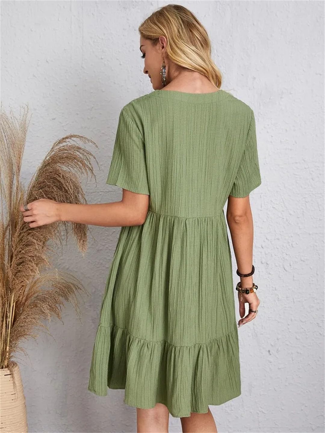 Elegancka damska sukienka z krótkim rękawem dekolt w serek falbany solidna luźna mini sukienka plażowa impreza Vestidos