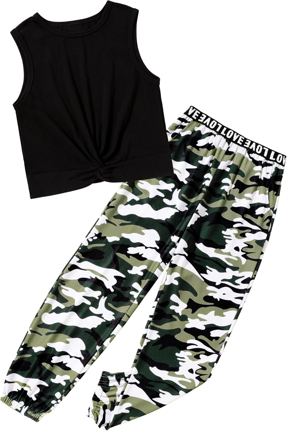 Kids Clothes Girls Twist Front Tank Top Letter Print Elastic Waist Camouflage Pants with Pockets Summer Girls Clothes