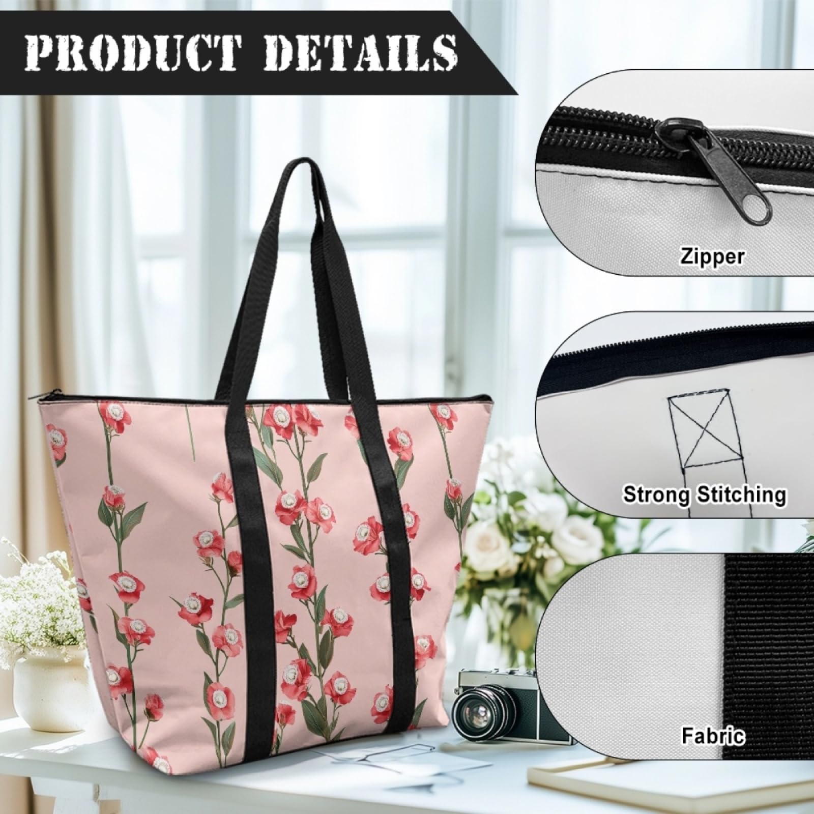 Tote Bag Tela Bolsas de Tela Poliéster Bolso de Mano de Mujer Reutilizable Bolsa Compra Plegable Tote Bag Cremallera Bolso Viaje Duradero Totebag