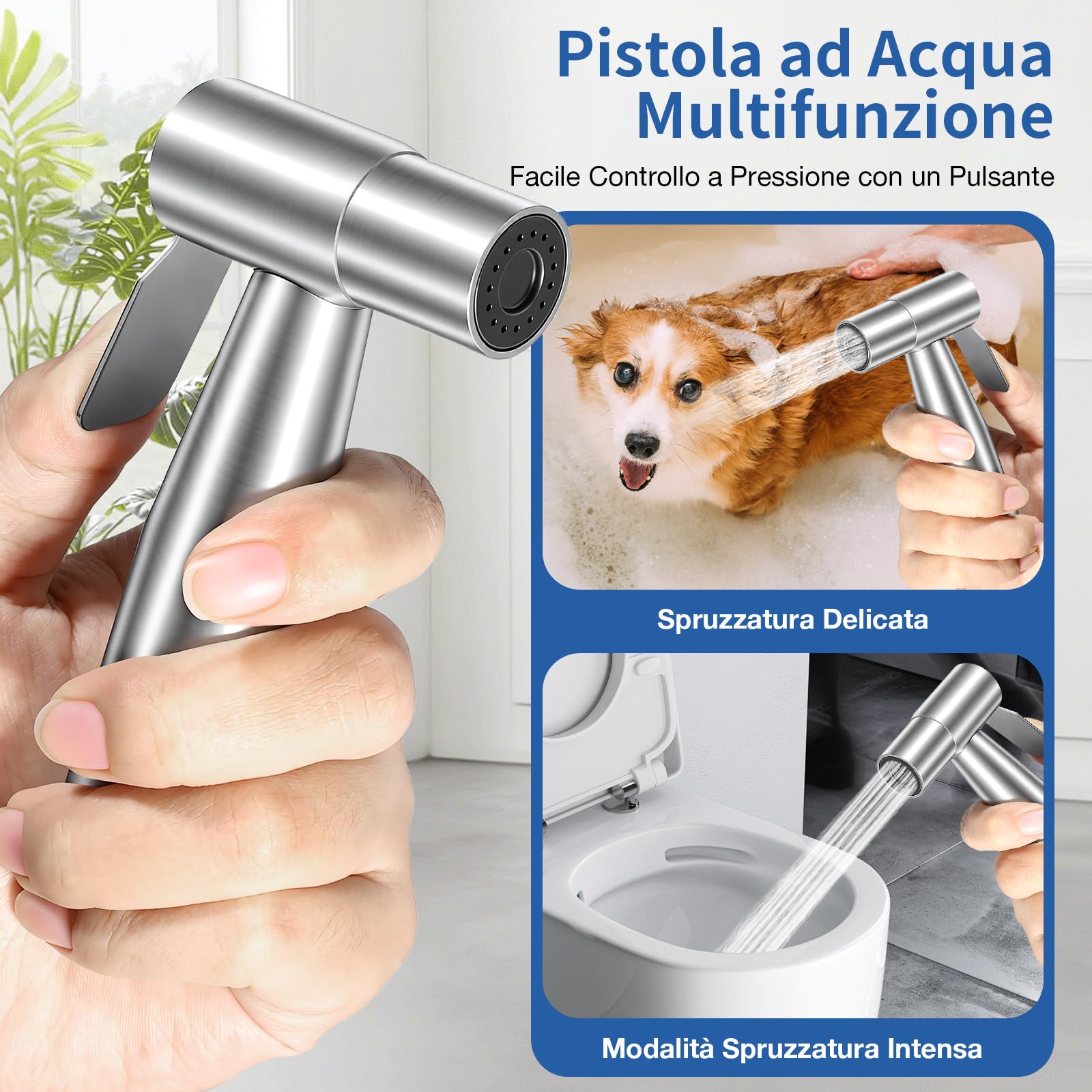 Set Doccetta per Bidet, Idroscopino per WC con Tubo Flessibile da 1,5m, Supporto & Adattatore, Facile da Installare (Argento)