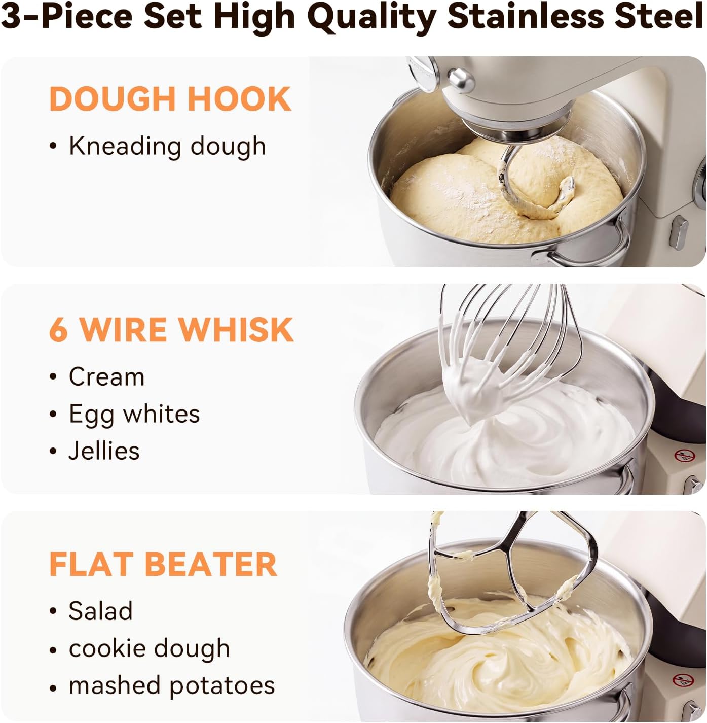 IAGREEA Stainless Steel 3 Pieces For Classic Attachments 4.5-5QT Tilt-Head Stand Mixers, K45WW Wire Whip/ K45DH Dough Hook /K45B Flat Beater for Mixer Accessories Replacement, Heavy Duty