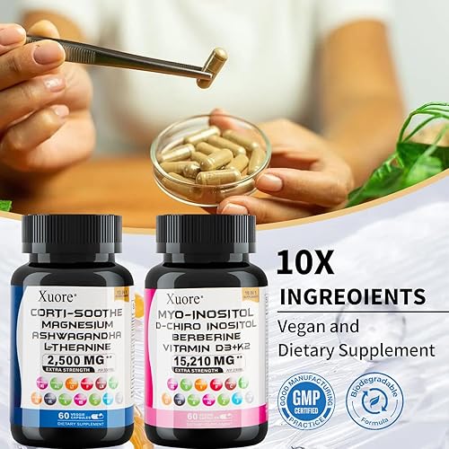 Miniatura 7 de Paquete de suplemento de cortisol y mio-inositol con ashwagandha, magnesio, l-teanina, d-chiro inositol, folato, berberina, casteberry para aliviar