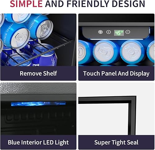 Miniatura 5 de Refrigerador de bebidas para 48 latas, mini puerta de vidrio con estantes ajustables, refrigerador independiente con LED azul para el hogar,