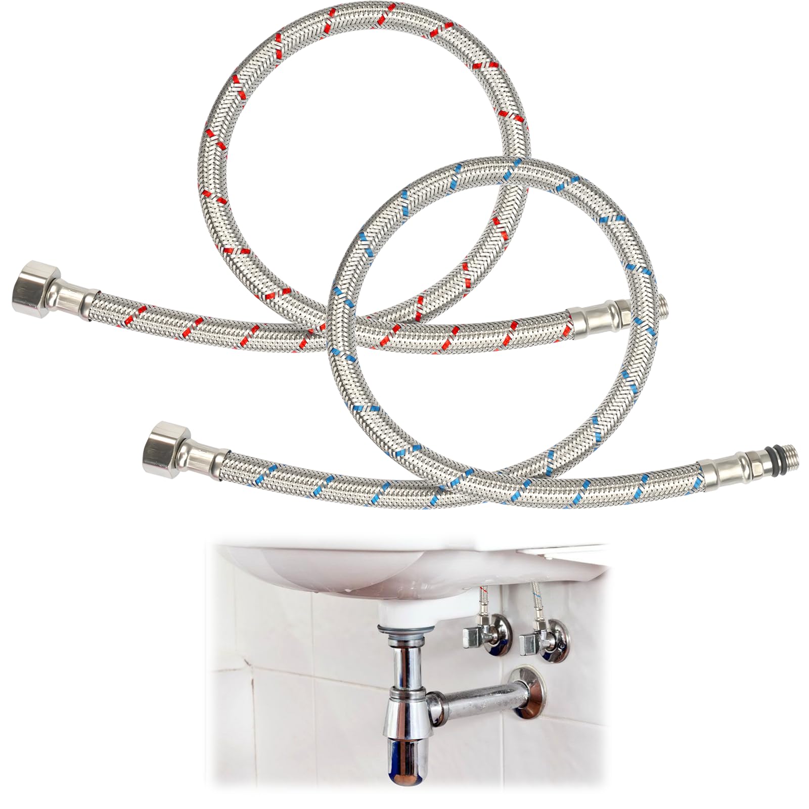4 Mangueras Fontanería 3/8 - Acero Inoxidable, 10 Y 30 Cm, Flexibles Para Cocina Y Baño