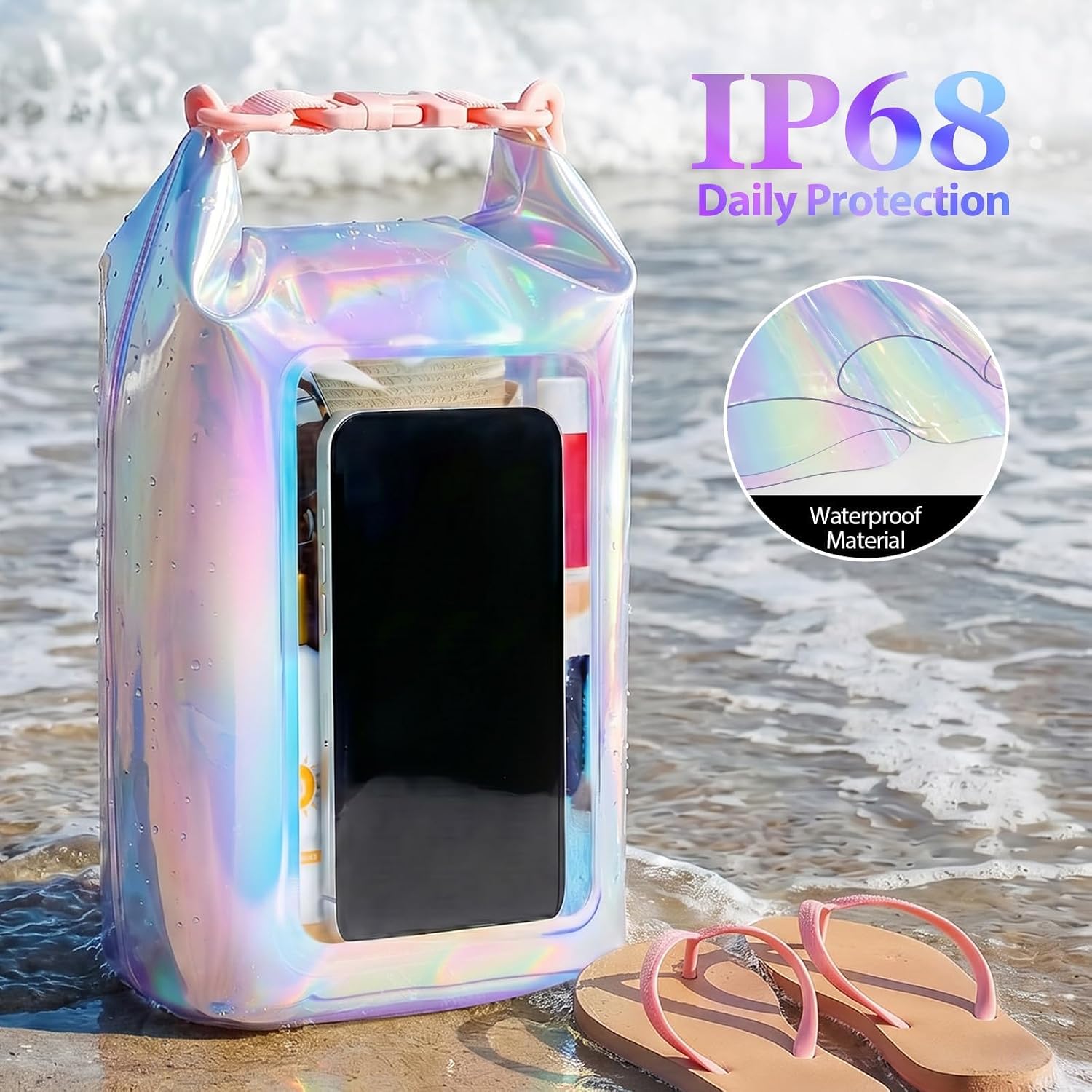 IP68 Waterproof Phone Pouch Case Three-Layer Seal for iPhone 17 16 Pro Max/15/14, IP68 Travel Cellphone Dry Bag Beach Cruise Ship Essential Bucket Bag with Crossbody Lanyard, Iridescent