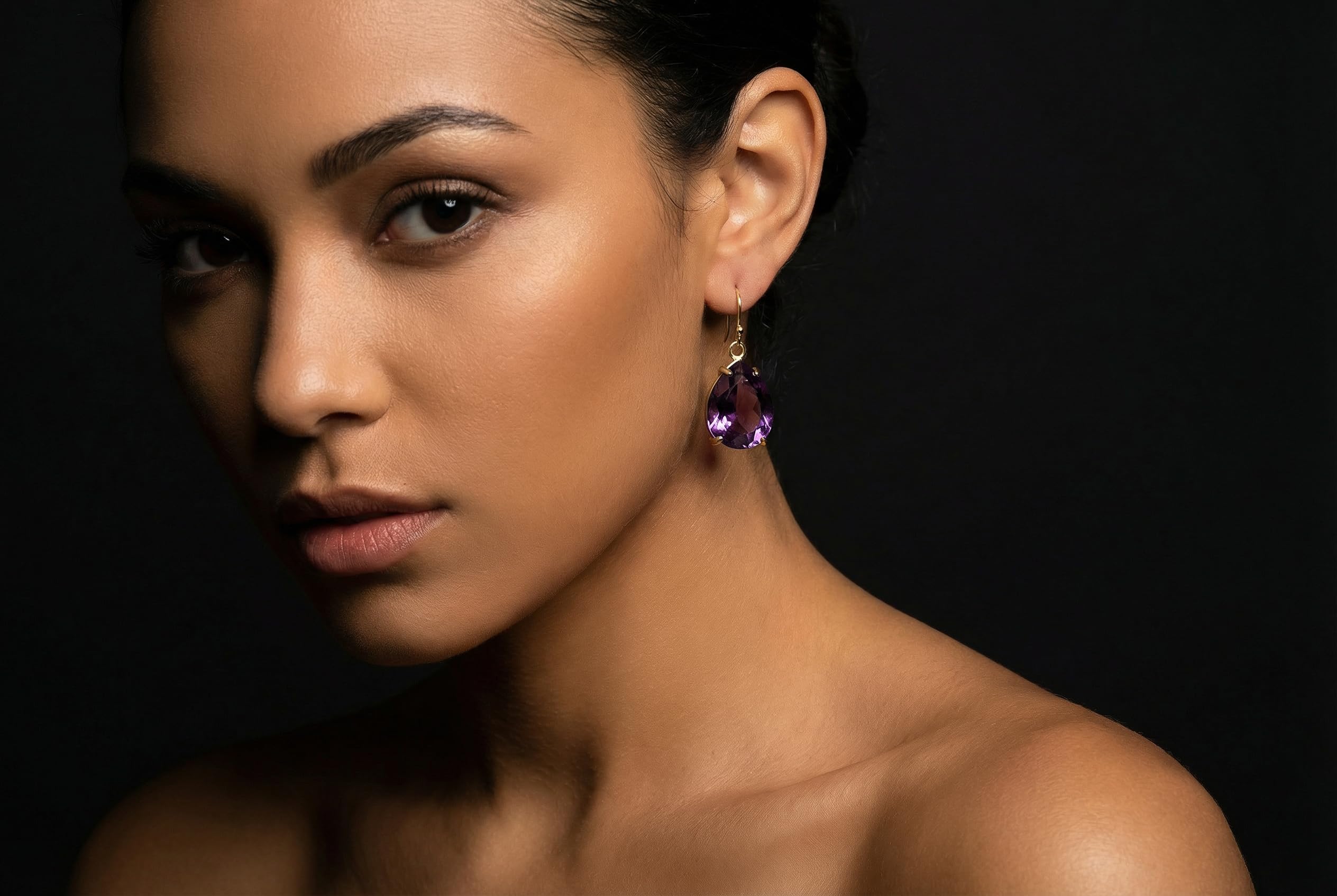 Pendientes de Oro 14k Amatista - Pendientes Colgantes Pera - Febrero Birthstone Pendientes - Profunda Piedra Púrpura Pendientes