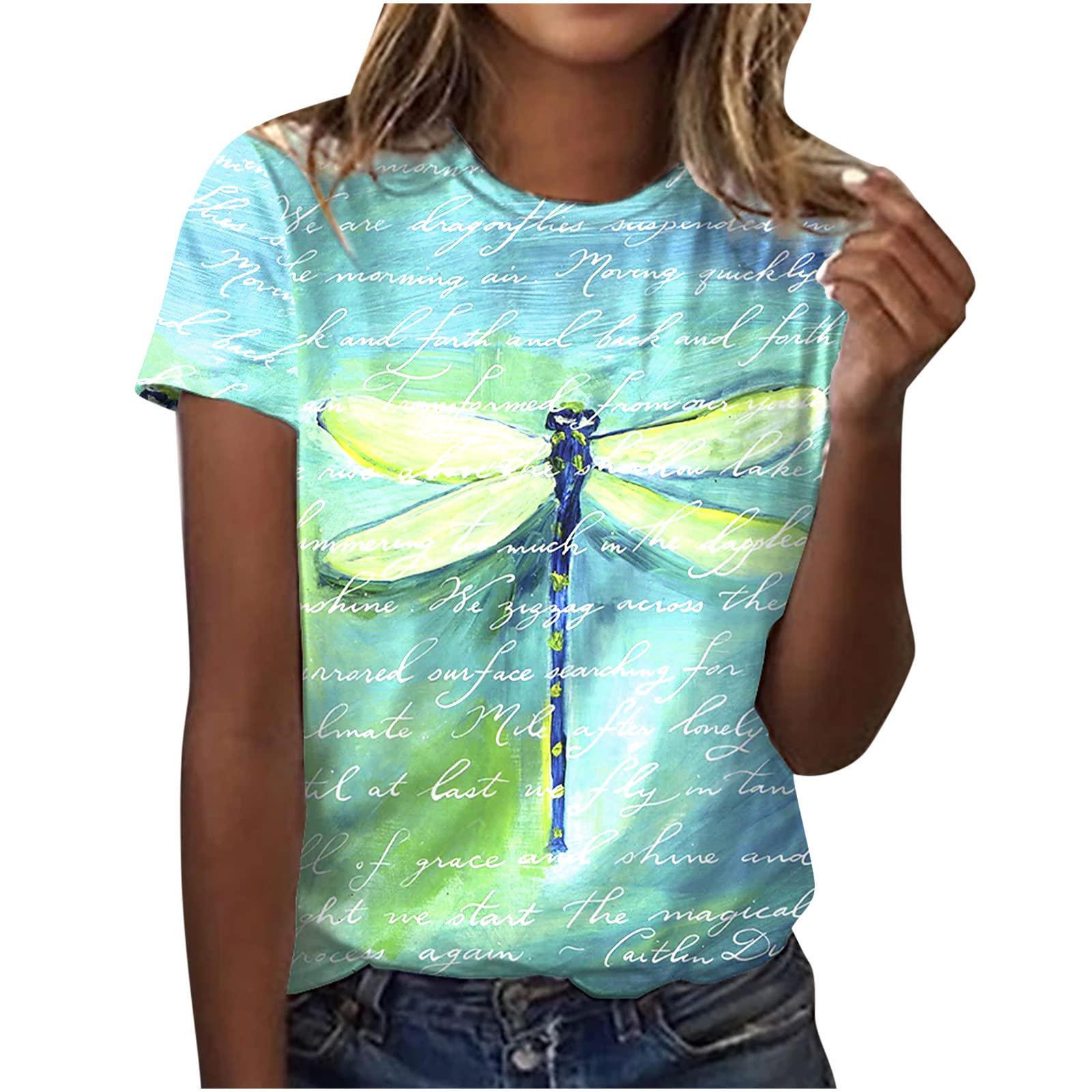 NUSGEAR 2024 Camiseta de Manga Corta Mujer Moda impresión Mariposas libélula Camisa Verano Suelto Cuello Redondo Tumblr Tops Casual Fiesta T-Shirt Original Basic tee Talla Grande Camisetas Blusa