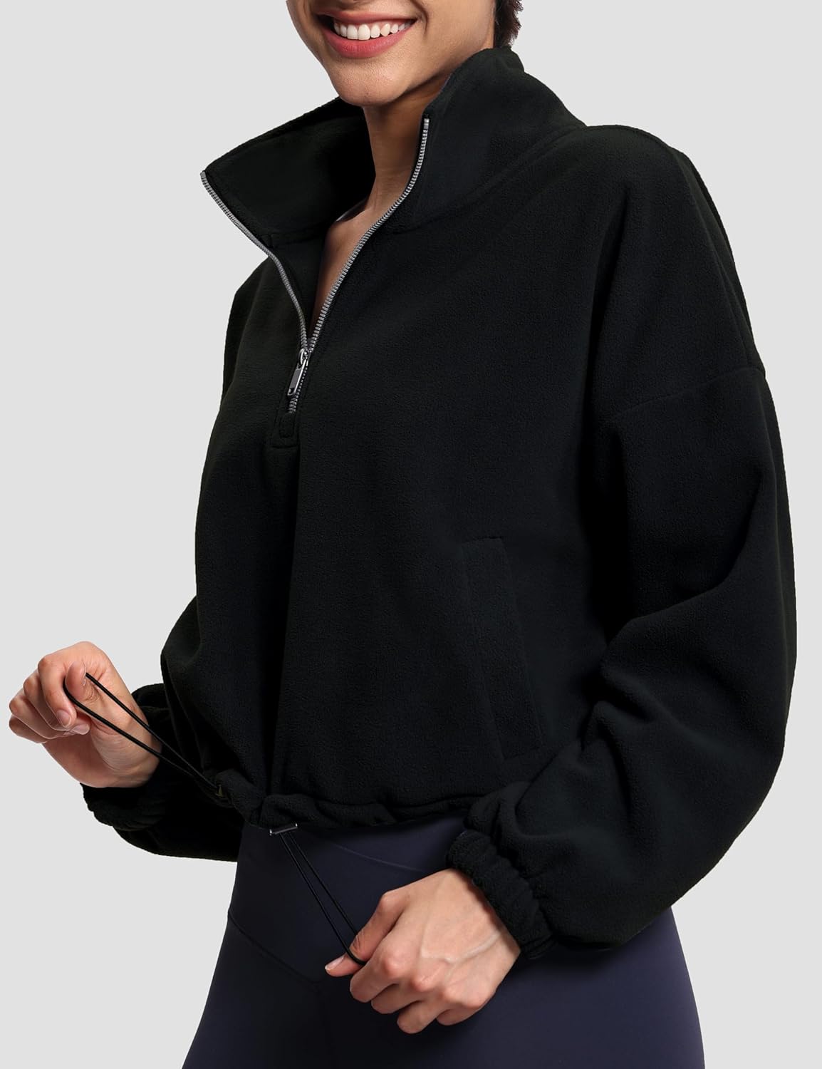 THE GYM PEOPLE Women’s Half Zip Crop Pullover Sweatshirt Fleece Loose Fit Workout Tops with Pockets Drawstring Hem - Image 3