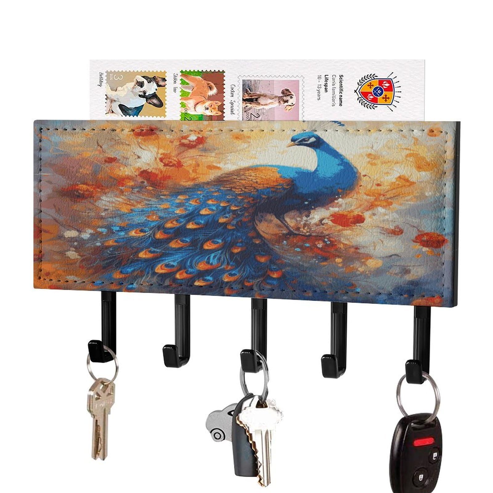 FekiLoot Peacock2 Key Holder Wall Mount Decorative Key and Mail Holder with 5 Hooks Key Hanger Organizer Pu Key Rack Decorative Home Decor for Wall Living Room Entryway Office Black-Style