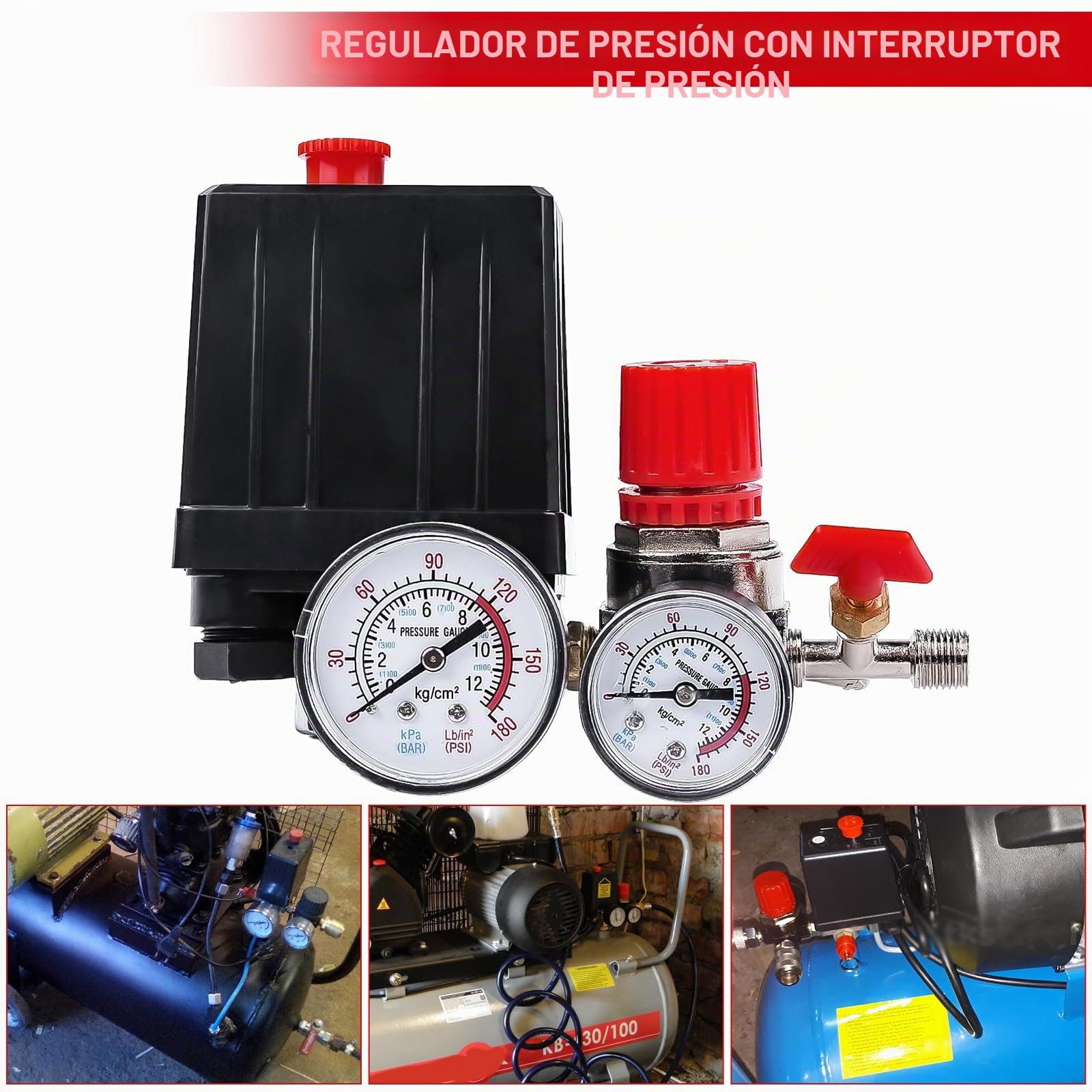 Presostato del Compresor de Aire, Pequeño interruptor de presión 4 Puertos Regulador de Control de Válvula de Seguridad del Colector con Manómetros para Compresor de Aire Bomba