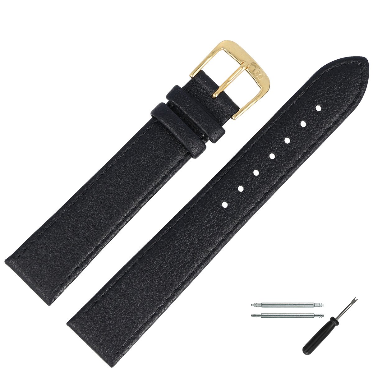 Black Calfskin Leather Watch Band 20 mm. Includes Accessories Strap, clasp gold 7592010000220