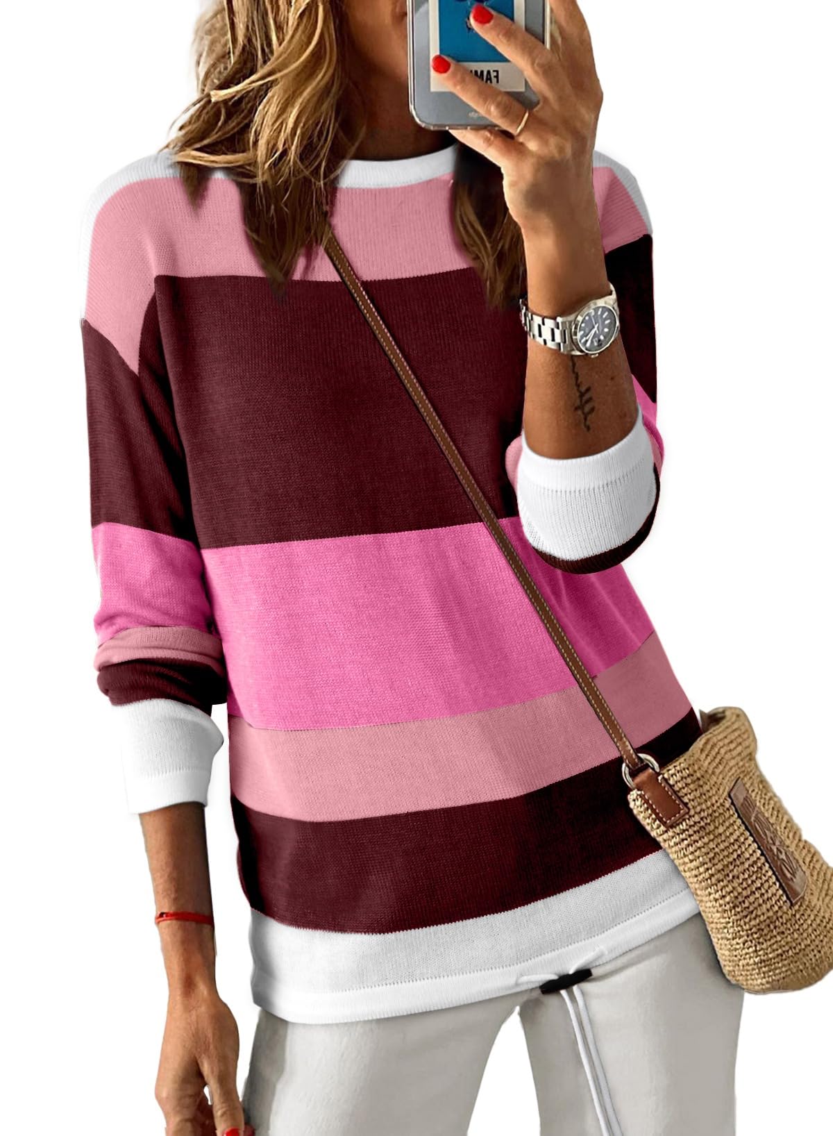 Dokotoo Womens Sweaters Striped Fall Winter Outfits Drawstring Color Block | Long Sleeve,Crewneck,Lightweight Fashion Clothing,Teachers Comfy Outfits,Business Casual Tops,Vacation Wear