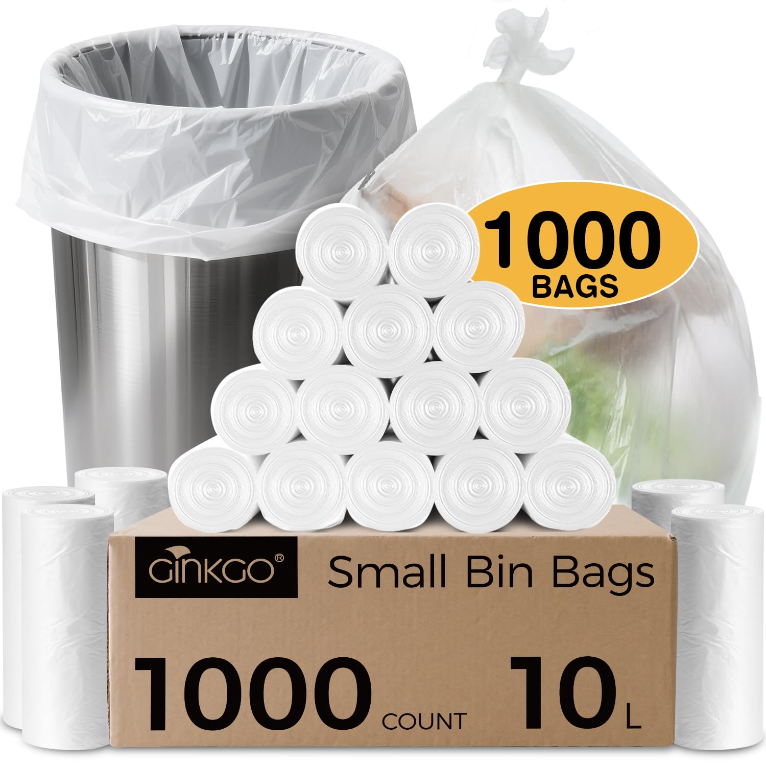 Ginkgo White 1000 Count Small Bin Bags, 10L Pedal Bin Liners Bulk Pack, Clear Garbage Bags, Wastebasket Liners, Plastic Trash Bags For Bathroom, Office - Unscented