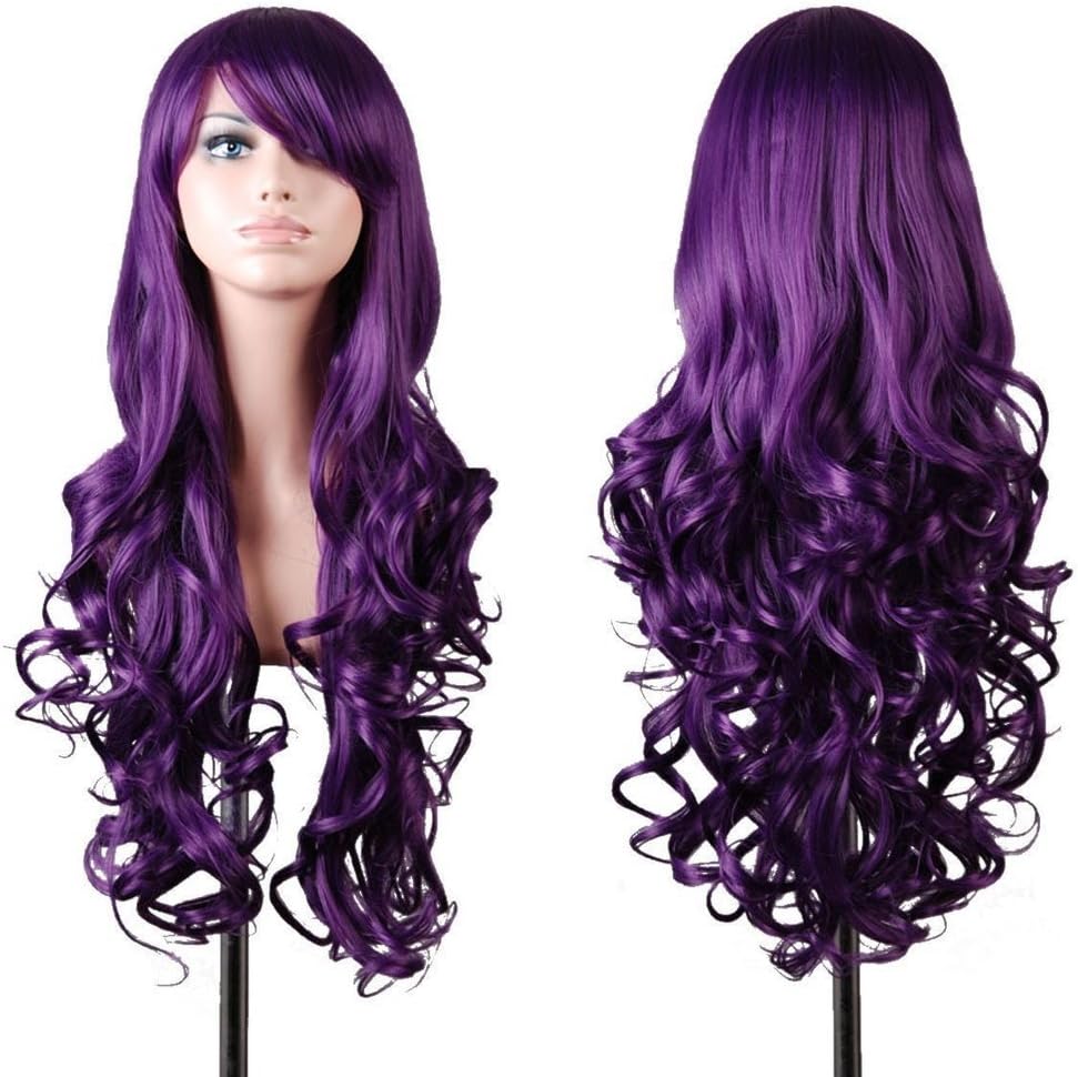 EmaxDesign Wigs 80cm Cosplay Wig For Women Long Full Spiral Curly Wavy Heat Resistant Fashion Glamour Hair Wig Hairpiece with Wig Cap And Comb (Dark Purple)