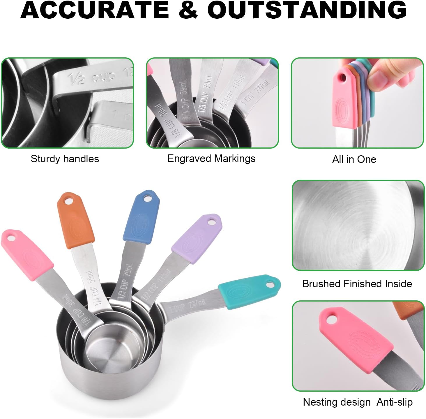 13-Piece All-Magnetic Measuring Cups and Spoons Set, 430 Stainless Steel Metal Measuring Cup and Spoon Set with Silicone Handles & Leveler for Baking Cooking (Multi-color)
