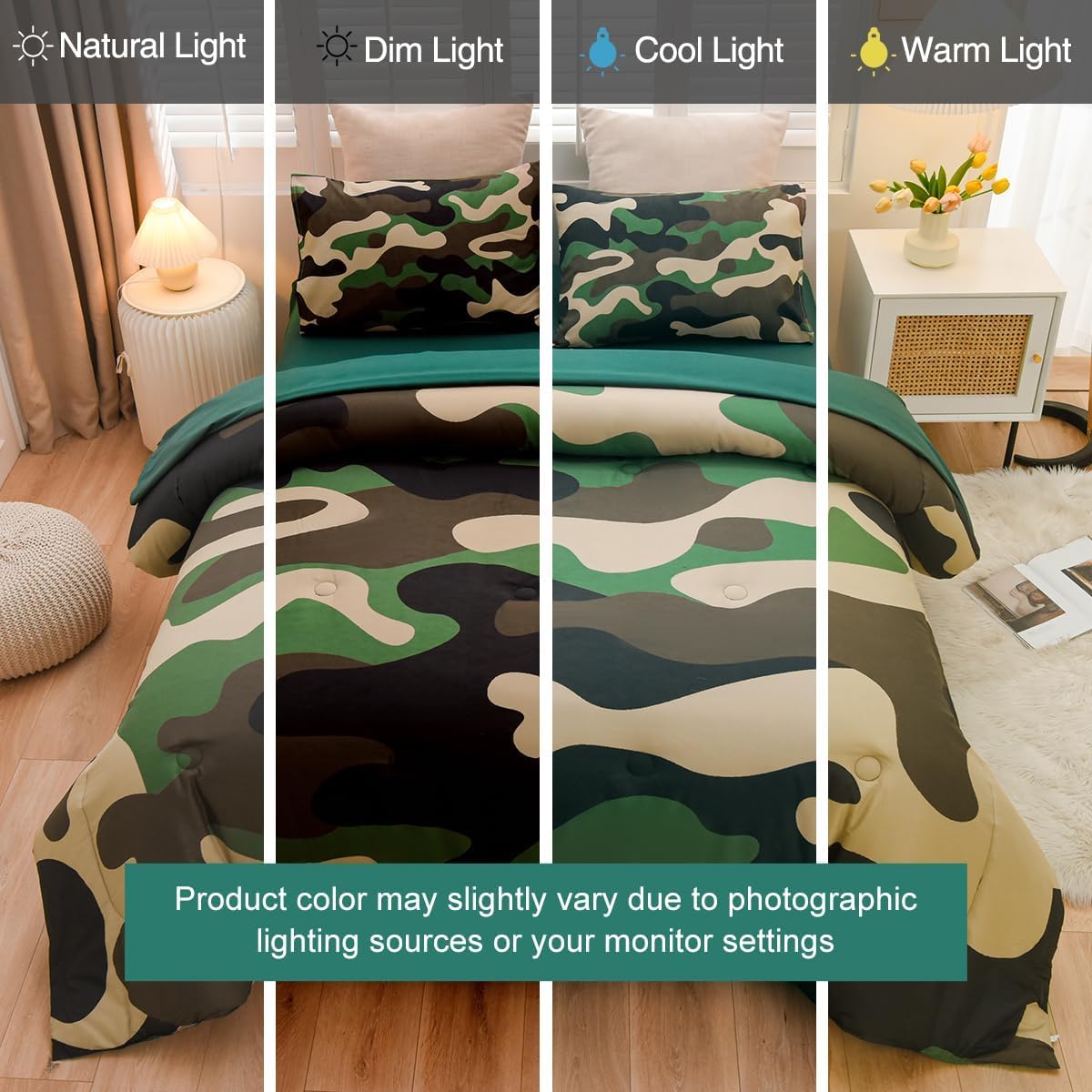 Holawakaka Twin Size Camouflage Bedding Comforter Set with Sheets, Boys Girls Men Camo Bed in A Bag 5 Pieces,Kids Teens Dorm Bed Sets Neutral Farmhouse Lodge Cabin Army Bedspread (Army Green, Twin)