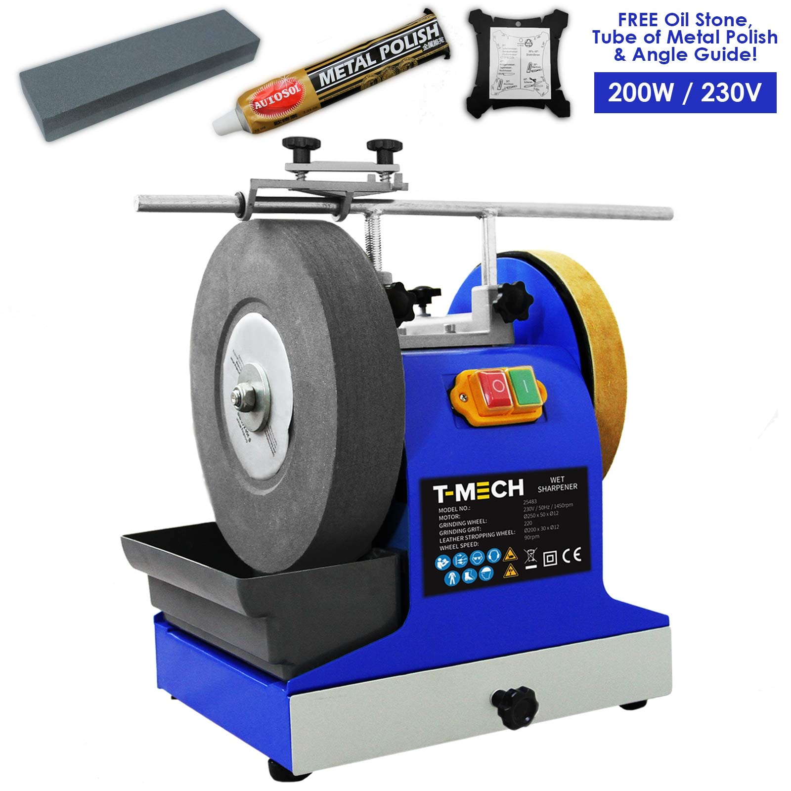 T-Mech Smerigliatrice da Banco Affilatrice ad Acqua 200W 250mm Grana 220 con Potente Mola Affila Attrezzi Sgorbie e Coramella a Disco in Pelle per Finitura Lucida