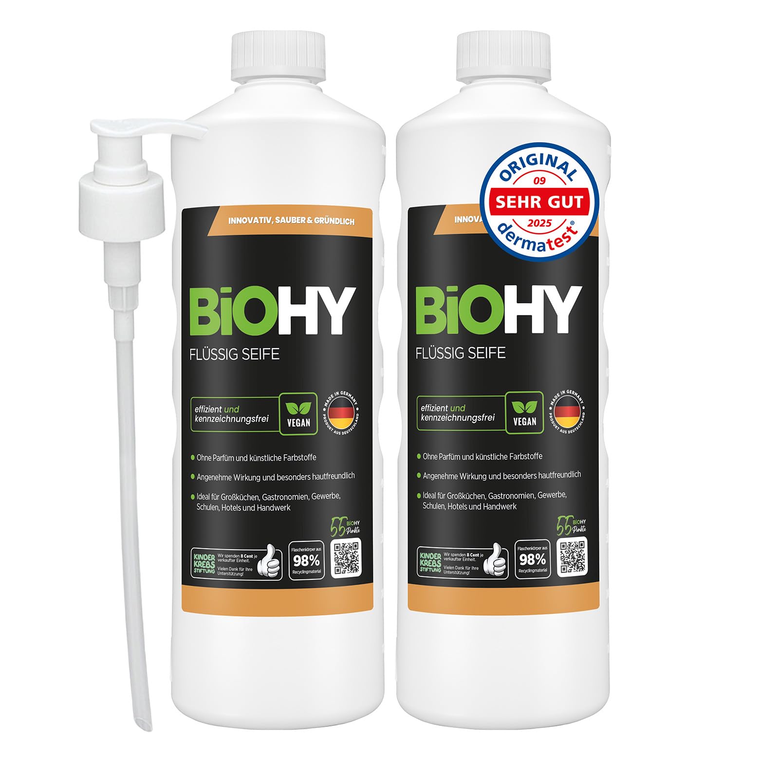 BiOHY Sapone liquido (2 x 1 litro) + dispenser a pompa, sapone per le mani delicato sulla pelle, privo di fosfati, inodore per cucine, gastronomia e sanitari, senza profumi e coloranti