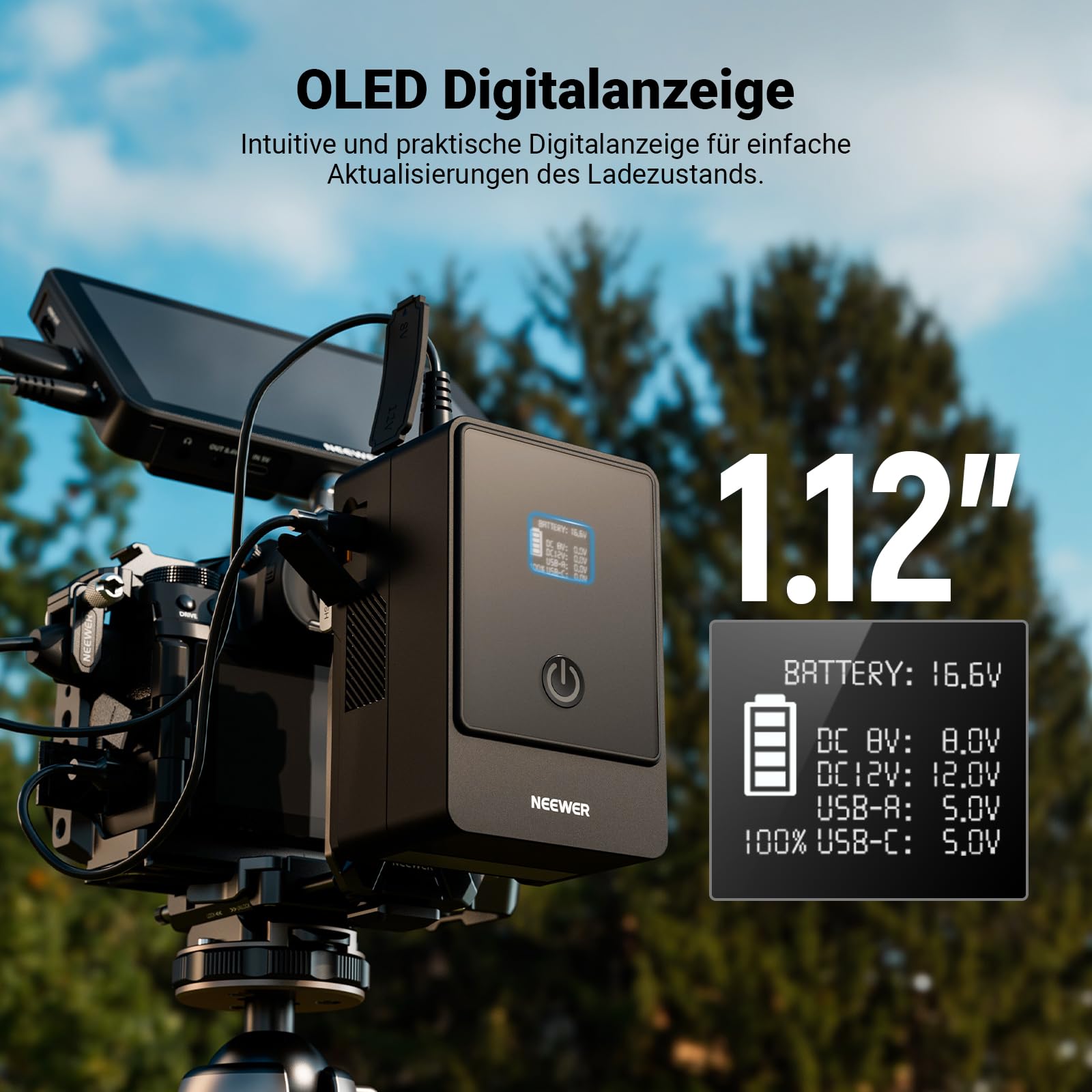 NEEWER Mini V Mount Battery, 6800mAh, 99Wh, 14,5V, Mini V Mount Akku mit 65W PD Typ C/D Tap/BP/USB A/Dual DC Anschluss/OLED Display V Lock Akku für Kamera, Camcorder, Monitor, Videoleuchte, PS099E