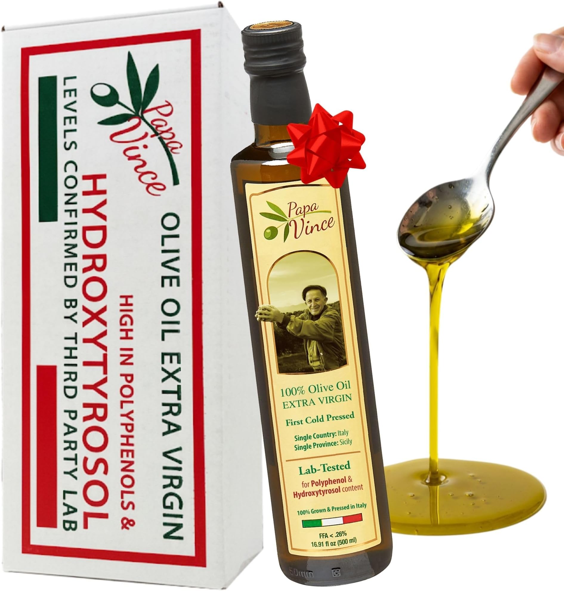 Papa Vince Hydroxytyrosol Lab-Verified Olive Oil - Drinking EVOO, Fresh Taste, High in Polyphenols, First Cold Press, Family Harvest 2024/25, Sicily, Italy