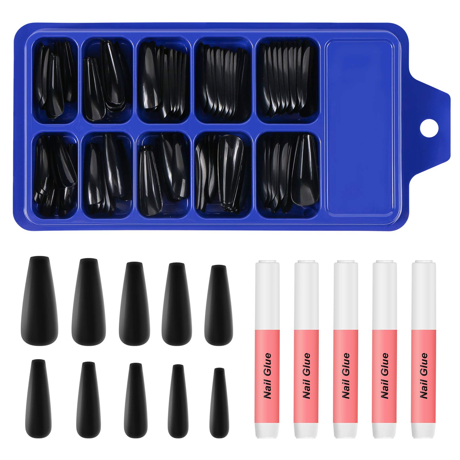 Coffin Fake Acrylic Nails (Black Full Cover Ballerina) Artificial Pure Color False Nail Tips Long Ballet Nails 100pcs 10 Sizes with 5pcs Nail Glues